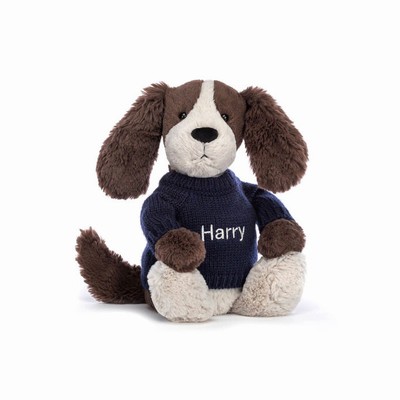 Jellycat Bashful Fudge Cachorro with Navy Jumper | BKRF-89725